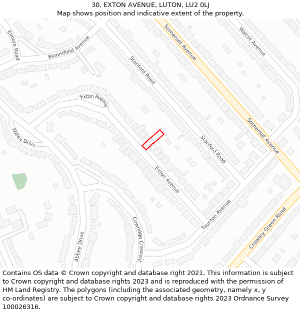 30, EXTON AVENUE, LUTON, LU2 0LJ: Location map and indicative extent of plot