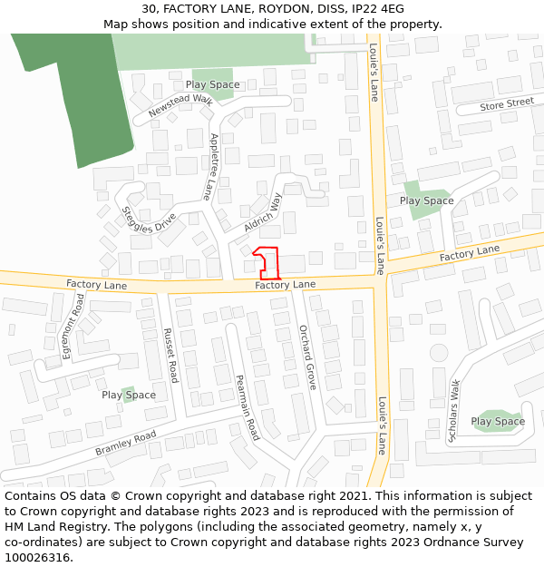 30, FACTORY LANE, ROYDON, DISS, IP22 4EG: Location map and indicative extent of plot