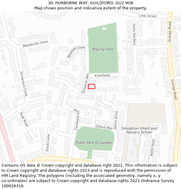 30, FAIRBORNE WAY, GUILDFORD, GU2 9GB: Location map and indicative extent of plot