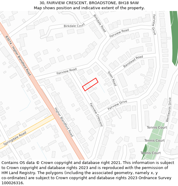 30, FAIRVIEW CRESCENT, BROADSTONE, BH18 9AW: Location map and indicative extent of plot