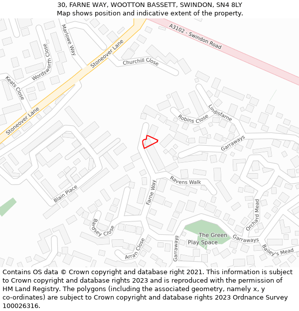 30, FARNE WAY, WOOTTON BASSETT, SWINDON, SN4 8LY: Location map and indicative extent of plot