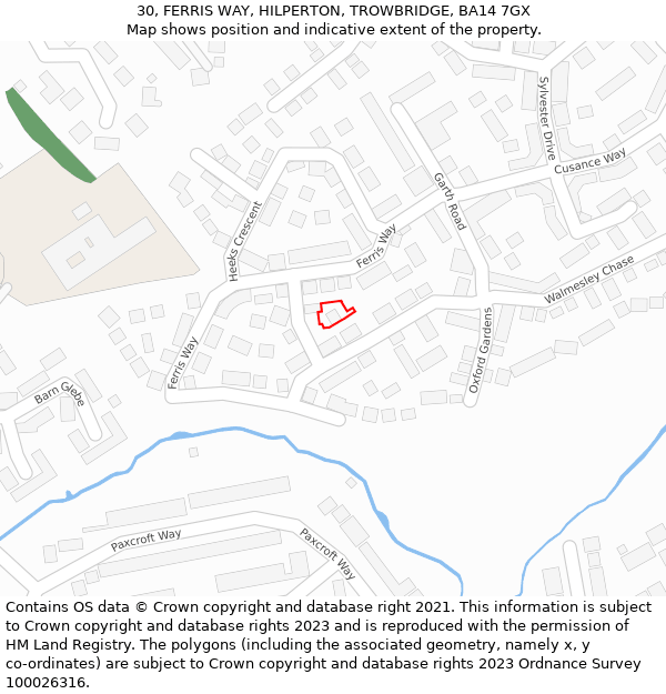 30, FERRIS WAY, HILPERTON, TROWBRIDGE, BA14 7GX: Location map and indicative extent of plot