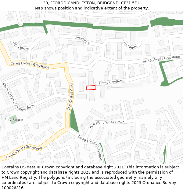 30, FFORDD CANDLESTON, BRIDGEND, CF31 5DU: Location map and indicative extent of plot