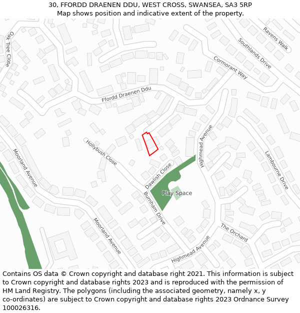 30, FFORDD DRAENEN DDU, WEST CROSS, SWANSEA, SA3 5RP: Location map and indicative extent of plot