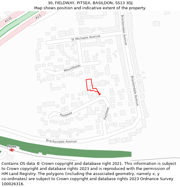 30, FIELDWAY, PITSEA, BASILDON, SS13 3DJ: Location map and indicative extent of plot