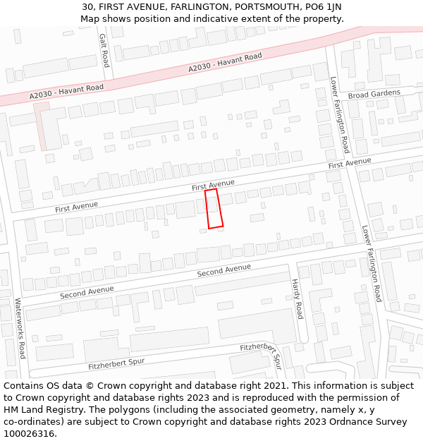 30, FIRST AVENUE, FARLINGTON, PORTSMOUTH, PO6 1JN: Location map and indicative extent of plot