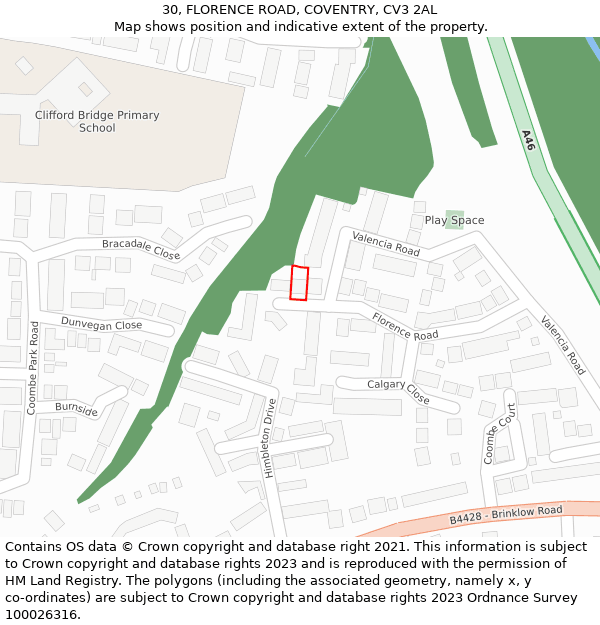 30, FLORENCE ROAD, COVENTRY, CV3 2AL: Location map and indicative extent of plot