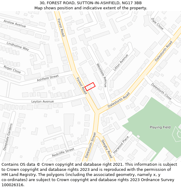 30, FOREST ROAD, SUTTON-IN-ASHFIELD, NG17 3BB: Location map and indicative extent of plot