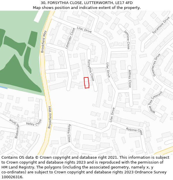 30, FORSYTHIA CLOSE, LUTTERWORTH, LE17 4FD: Location map and indicative extent of plot