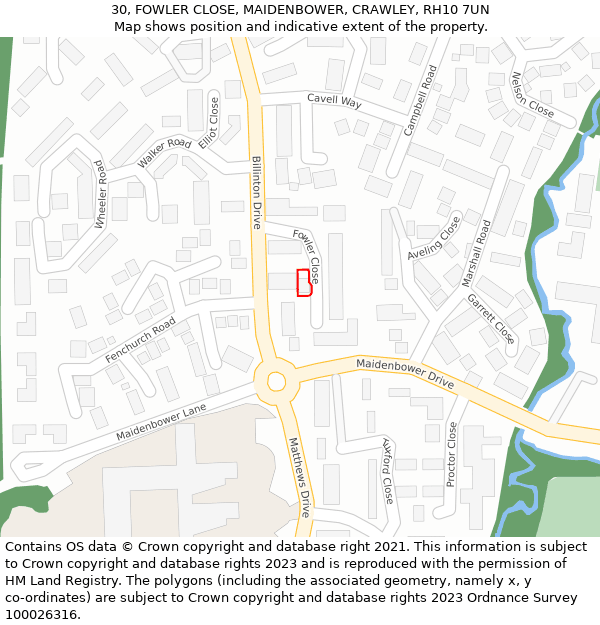 30, FOWLER CLOSE, MAIDENBOWER, CRAWLEY, RH10 7UN: Location map and indicative extent of plot