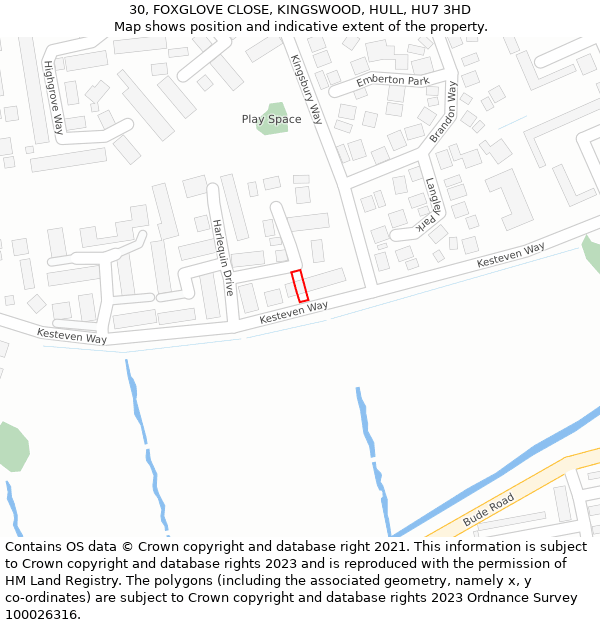 30, FOXGLOVE CLOSE, KINGSWOOD, HULL, HU7 3HD: Location map and indicative extent of plot