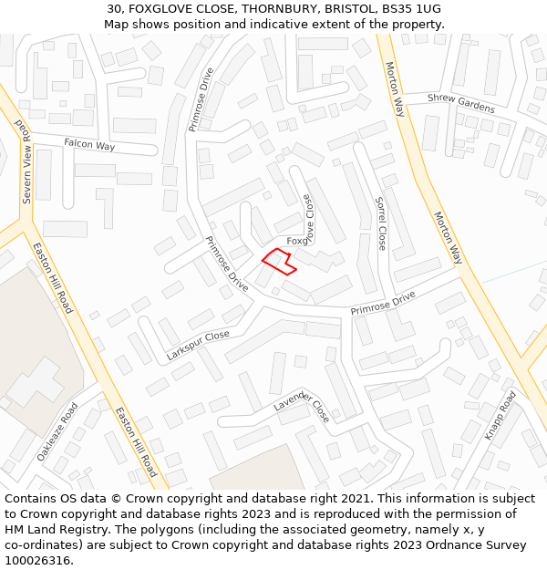 30, FOXGLOVE CLOSE, THORNBURY, BRISTOL, BS35 1UG: Location map and indicative extent of plot