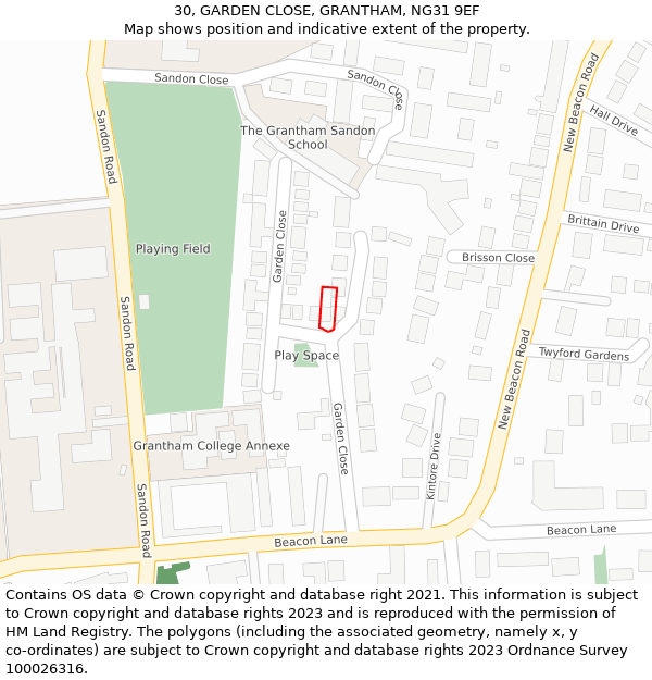 30, GARDEN CLOSE, GRANTHAM, NG31 9EF: Location map and indicative extent of plot