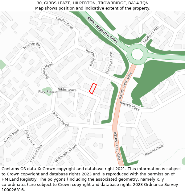 30, GIBBS LEAZE, HILPERTON, TROWBRIDGE, BA14 7QN: Location map and indicative extent of plot