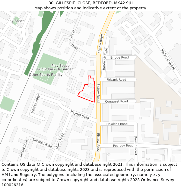 30, GILLESPIE  CLOSE, BEDFORD, MK42 9JH: Location map and indicative extent of plot