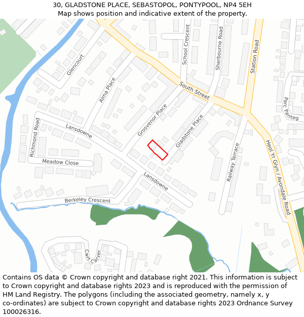 30, GLADSTONE PLACE, SEBASTOPOL, PONTYPOOL, NP4 5EH: Location map and indicative extent of plot