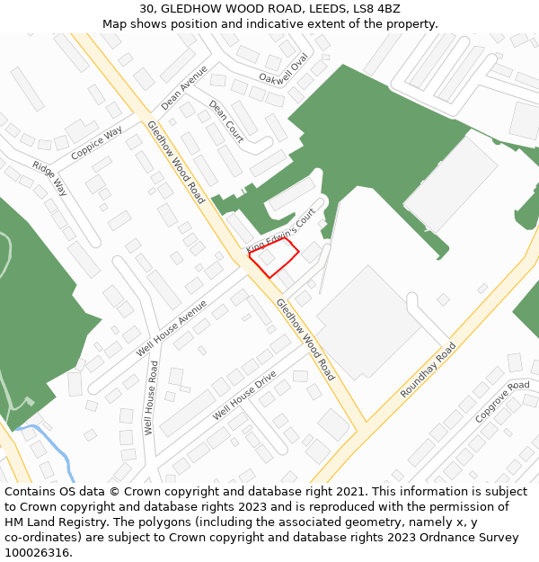 30, GLEDHOW WOOD ROAD, LEEDS, LS8 4BZ: Location map and indicative extent of plot