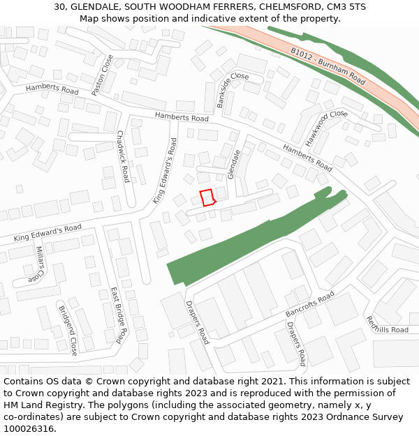 30, GLENDALE, SOUTH WOODHAM FERRERS, CHELMSFORD, CM3 5TS: Location map and indicative extent of plot