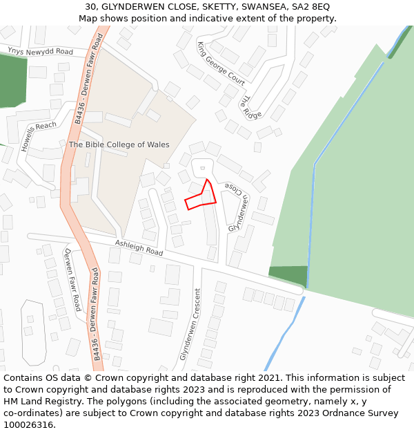 30, GLYNDERWEN CLOSE, SKETTY, SWANSEA, SA2 8EQ: Location map and indicative extent of plot