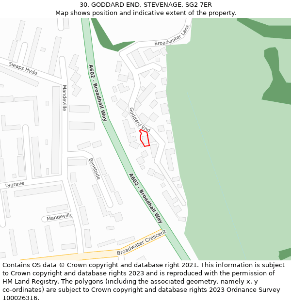 30, GODDARD END, STEVENAGE, SG2 7ER: Location map and indicative extent of plot