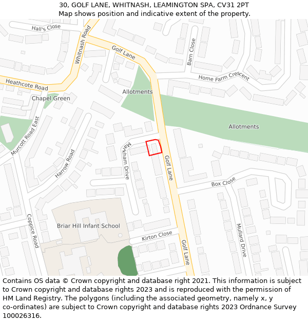 30, GOLF LANE, WHITNASH, LEAMINGTON SPA, CV31 2PT: Location map and indicative extent of plot