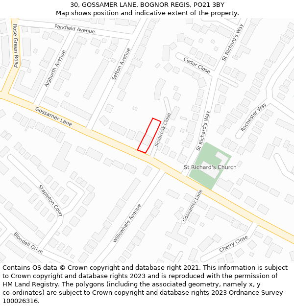 30, GOSSAMER LANE, BOGNOR REGIS, PO21 3BY: Location map and indicative extent of plot