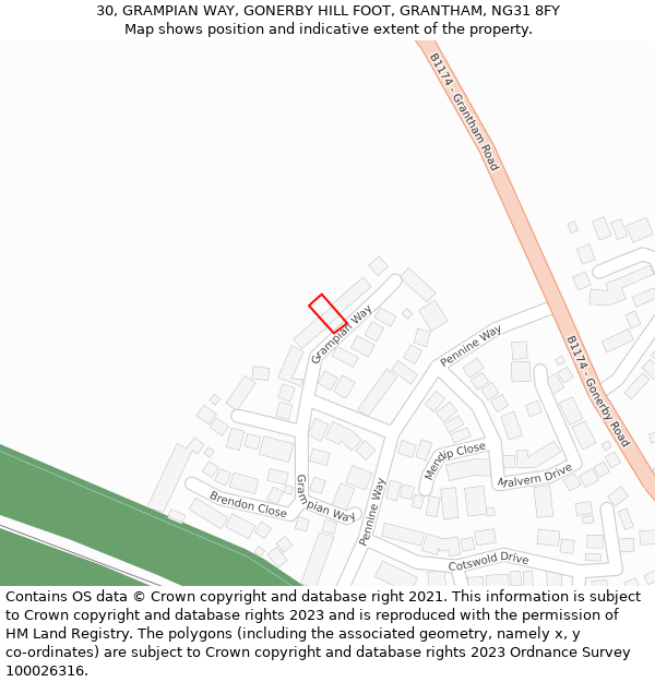 30, GRAMPIAN WAY, GONERBY HILL FOOT, GRANTHAM, NG31 8FY: Location map and indicative extent of plot