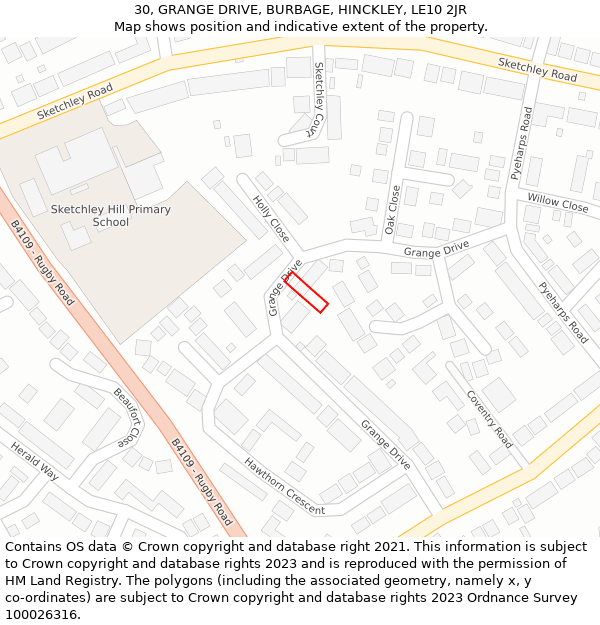 30, GRANGE DRIVE, BURBAGE, HINCKLEY, LE10 2JR: Location map and indicative extent of plot