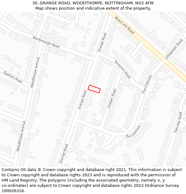 30, GRANGE ROAD, WOODTHORPE, NOTTINGHAM, NG5 4FW: Location map and indicative extent of plot
