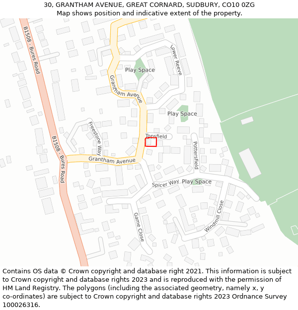 30, GRANTHAM AVENUE, GREAT CORNARD, SUDBURY, CO10 0ZG: Location map and indicative extent of plot