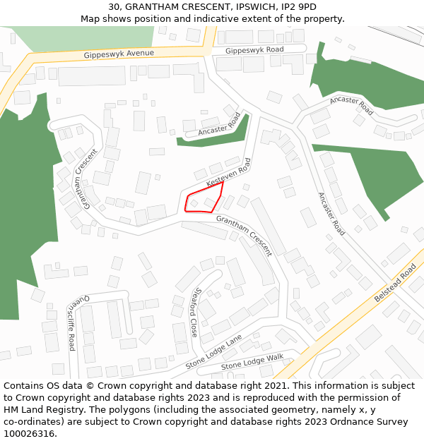 30, GRANTHAM CRESCENT, IPSWICH, IP2 9PD: Location map and indicative extent of plot