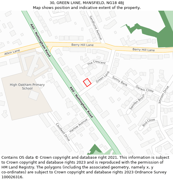 30, GREEN LANE, MANSFIELD, NG18 4BJ: Location map and indicative extent of plot