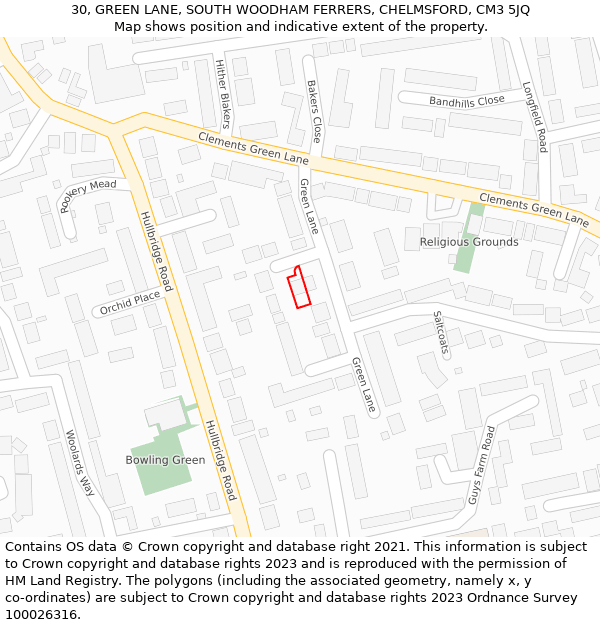 30, GREEN LANE, SOUTH WOODHAM FERRERS, CHELMSFORD, CM3 5JQ: Location map and indicative extent of plot