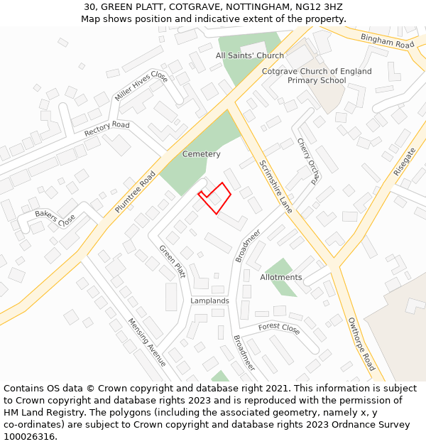 30, GREEN PLATT, COTGRAVE, NOTTINGHAM, NG12 3HZ: Location map and indicative extent of plot