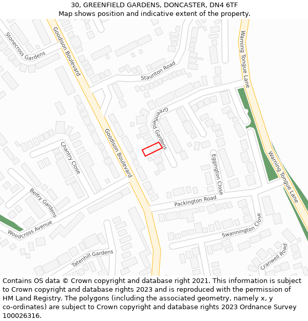 30, GREENFIELD GARDENS, DONCASTER, DN4 6TF: Location map and indicative extent of plot