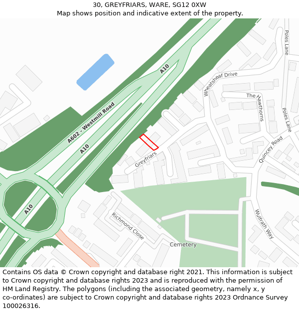 30, GREYFRIARS, WARE, SG12 0XW: Location map and indicative extent of plot