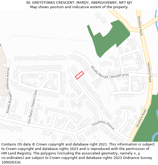 30, GREYSTONES CRESCENT, MARDY, ABERGAVENNY, NP7 6JY: Location map and indicative extent of plot