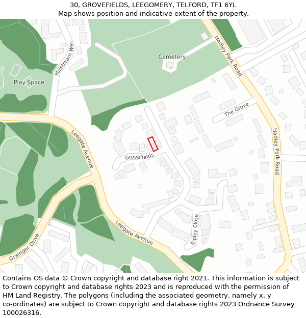 30, GROVEFIELDS, LEEGOMERY, TELFORD, TF1 6YL: Location map and indicative extent of plot