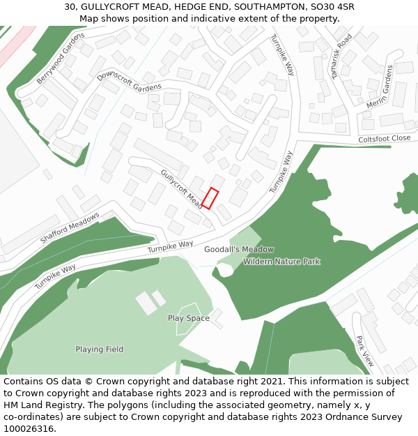 30, GULLYCROFT MEAD, HEDGE END, SOUTHAMPTON, SO30 4SR: Location map and indicative extent of plot