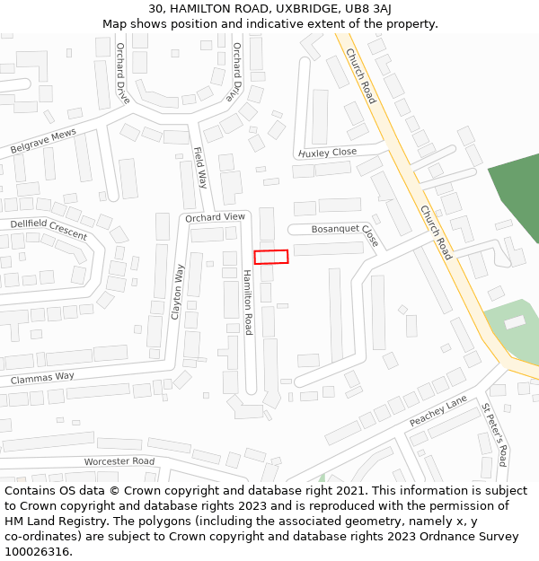 30, HAMILTON ROAD, UXBRIDGE, UB8 3AJ: Location map and indicative extent of plot