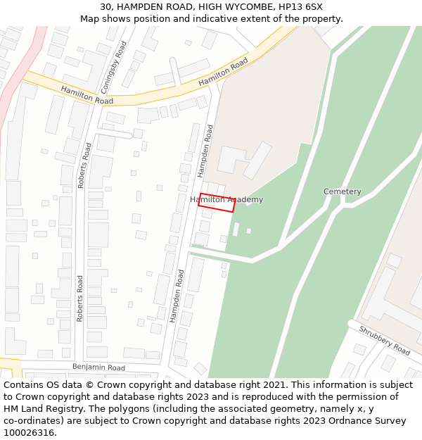 30, HAMPDEN ROAD, HIGH WYCOMBE, HP13 6SX: Location map and indicative extent of plot
