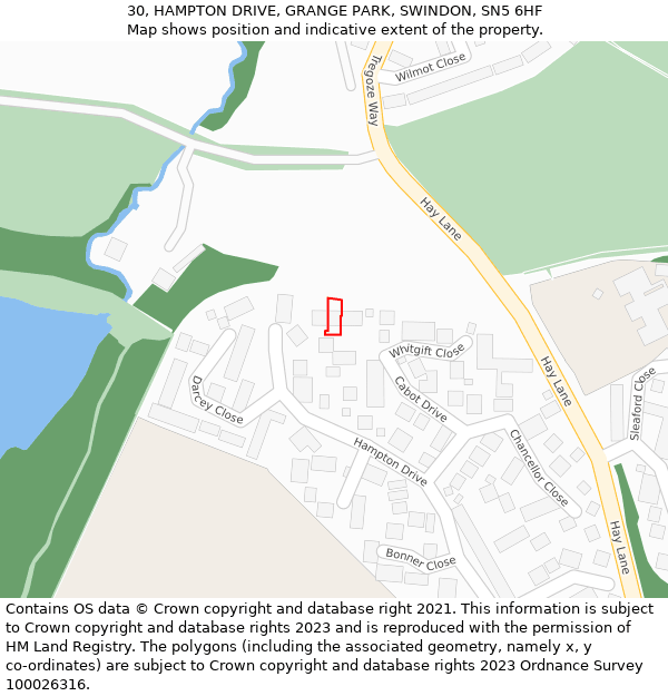 30, HAMPTON DRIVE, GRANGE PARK, SWINDON, SN5 6HF: Location map and indicative extent of plot