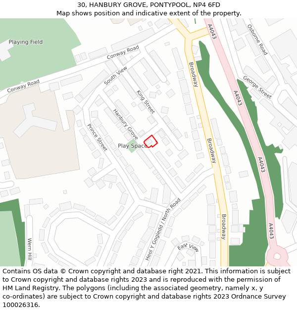 30, HANBURY GROVE, PONTYPOOL, NP4 6FD: Location map and indicative extent of plot