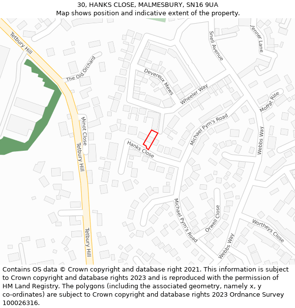 30, HANKS CLOSE, MALMESBURY, SN16 9UA: Location map and indicative extent of plot