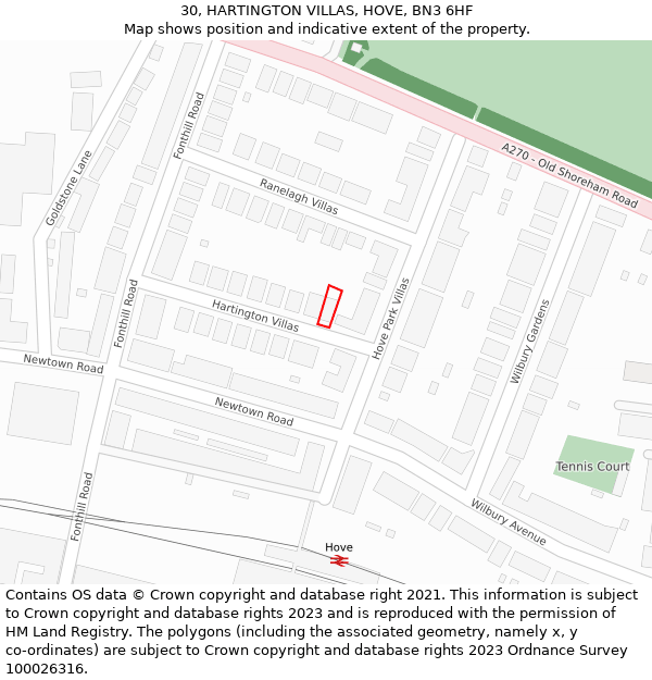 30, HARTINGTON VILLAS, HOVE, BN3 6HF: Location map and indicative extent of plot