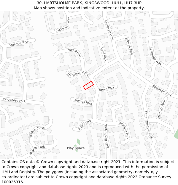 30, HARTSHOLME PARK, KINGSWOOD, HULL, HU7 3HP: Location map and indicative extent of plot