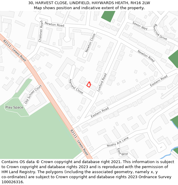 30, HARVEST CLOSE, LINDFIELD, HAYWARDS HEATH, RH16 2LW: Location map and indicative extent of plot