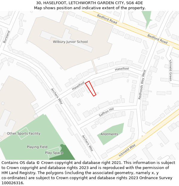 30, HASELFOOT, LETCHWORTH GARDEN CITY, SG6 4DE: Location map and indicative extent of plot