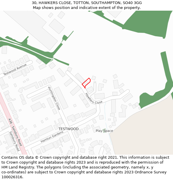 30, HAWKERS CLOSE, TOTTON, SOUTHAMPTON, SO40 3GG: Location map and indicative extent of plot