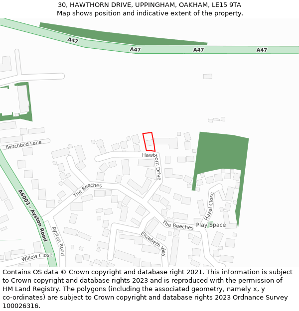 30, HAWTHORN DRIVE, UPPINGHAM, OAKHAM, LE15 9TA: Location map and indicative extent of plot